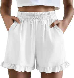 Neer Women's Linen Short, Ruffle Casual Summer Short Drawstring Elastic Waist Beach Lightweight Cute Outfit with Pockets