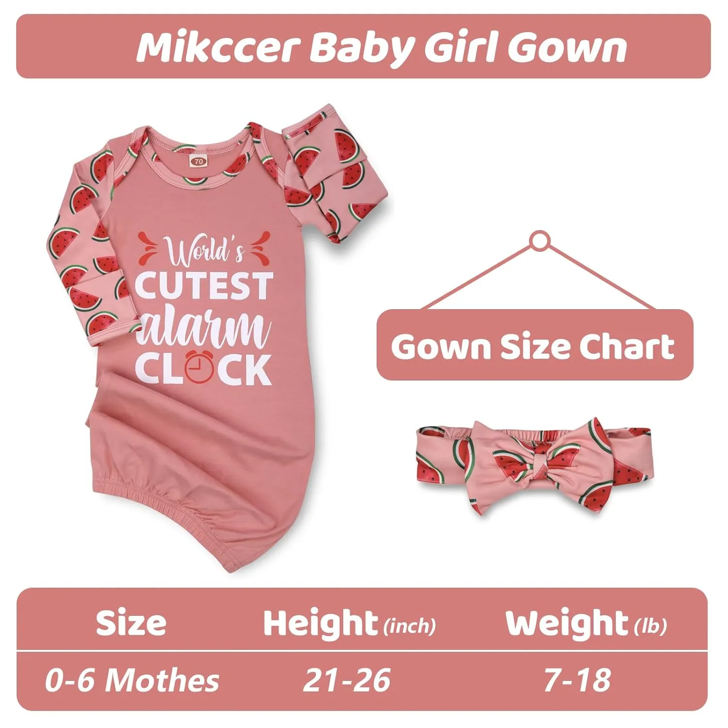 Newborn Baby Girl Gown 0-6 Months, Super Soft Newborn Sleepers Gown, Long Sleeve Infant Nightgown for Girls, Baby Girl Outfit Essential with Headband Set Pink