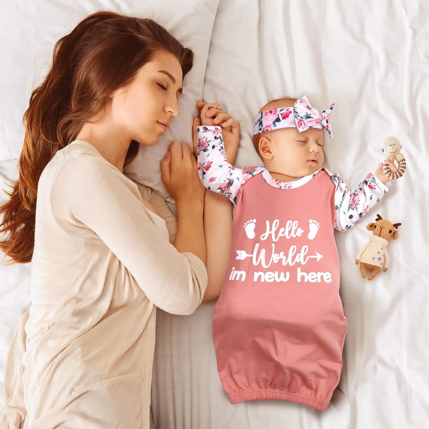 Newborn Baby Girl Gown 0-6 Months, Super Soft Newborn Sleepers Gown, Long Sleeve Infant Nightgown for Girls, Baby Girl Outfit Essential with Headband Set Pink