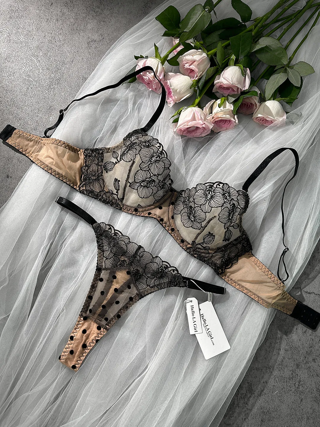 Nude Black Spot Soft Lace Lingerie Set