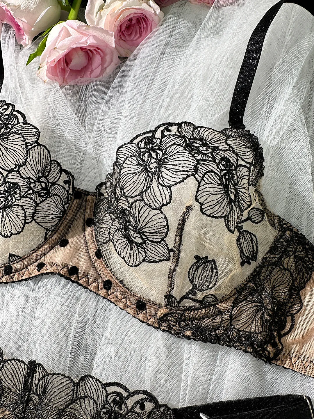 Nude Black Spot Soft Lace Lingerie Set