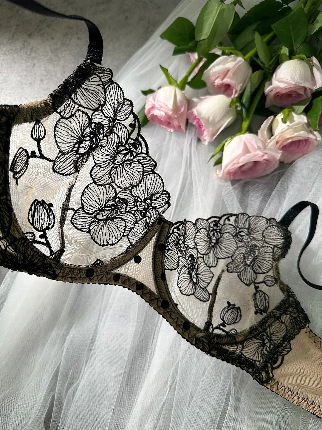Nude Black Spot Soft Lace Lingerie Set