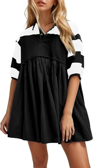 OLAPTA Women Patchwork Oversized Sweatshirts Mini Dress Striped Colorblock Half Sleeve Collar Fall Pleated Babydoll Dress