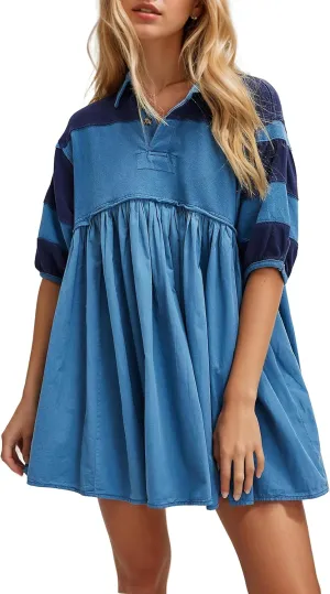 OLAPTA Women Patchwork Oversized Sweatshirts Mini Dress Striped Colorblock Half Sleeve Collar Fall Pleated Babydoll Dress