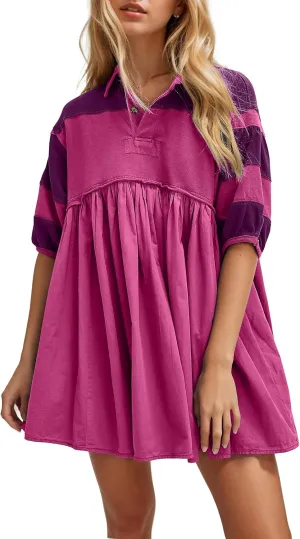 OLAPTA Women Patchwork Oversized Sweatshirts Mini Dress Striped Colorblock Half Sleeve Collar Fall Pleated Babydoll Dress