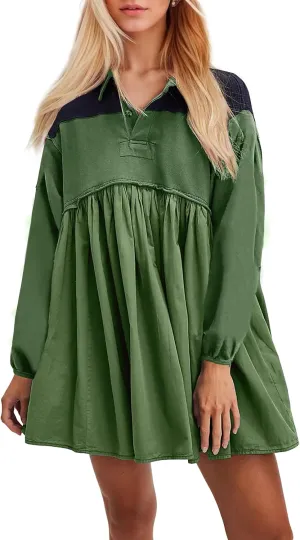 OLAPTA Women Patchwork Oversized Sweatshirts Mini Dress Striped Colorblock Half Sleeve Collar Fall Pleated Babydoll Dress