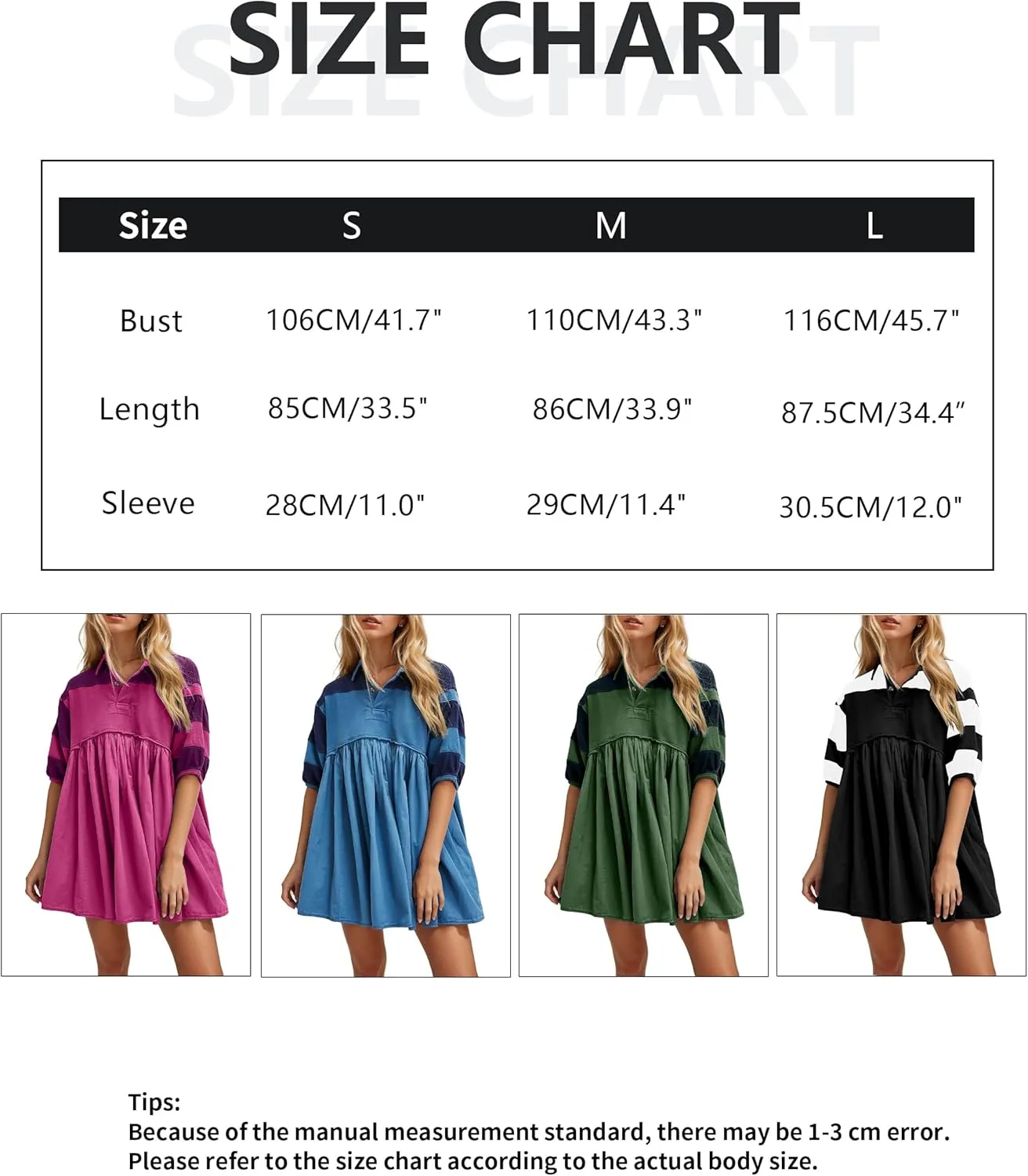 OLAPTA Women Patchwork Oversized Sweatshirts Mini Dress Striped Colorblock Half Sleeve Collar Fall Pleated Babydoll Dress