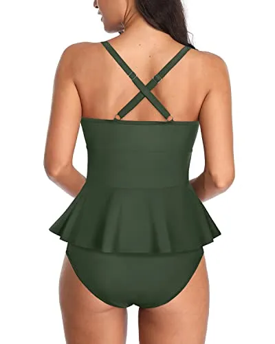 Peplum Tankini Top With High Waisted Swim Bottom 2 Piece Swimsuits-Army Green