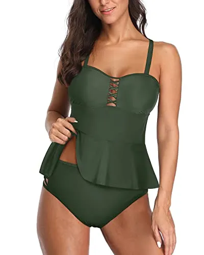 Peplum Tankini Top With High Waisted Swim Bottom 2 Piece Swimsuits-Army Green