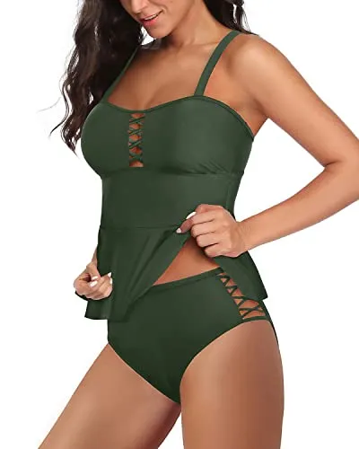 Peplum Tankini Top With High Waisted Swim Bottom 2 Piece Swimsuits-Army Green