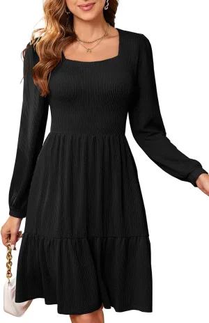 PerZeal Women's Casual Knit Midi Dress Square Neck Long Sleeve Tiered Ruffle A-Line Knee Length Dresses Trendy 2025