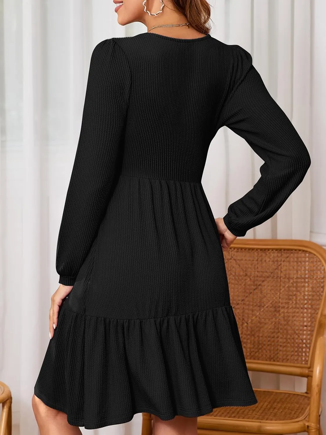 PerZeal Women's Casual Knit Midi Dress Square Neck Long Sleeve Tiered Ruffle A-Line Knee Length Dresses Trendy 2025