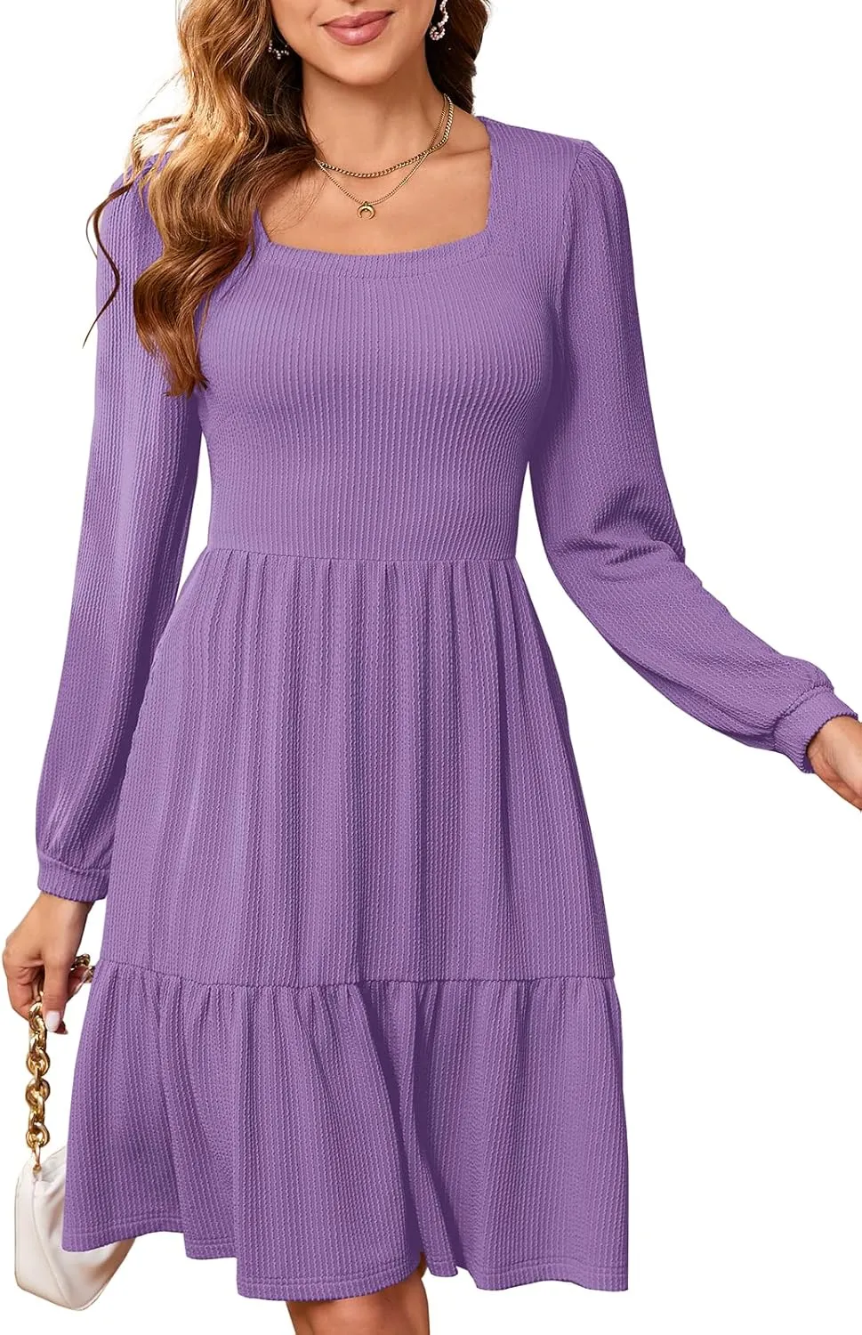 PerZeal Women's Casual Knit Midi Dress Square Neck Long Sleeve Tiered Ruffle A-Line Knee Length Dresses Trendy 2025