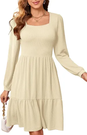 PerZeal Women's Casual Knit Midi Dress Square Neck Long Sleeve Tiered Ruffle A-Line Knee Length Dresses Trendy 2025