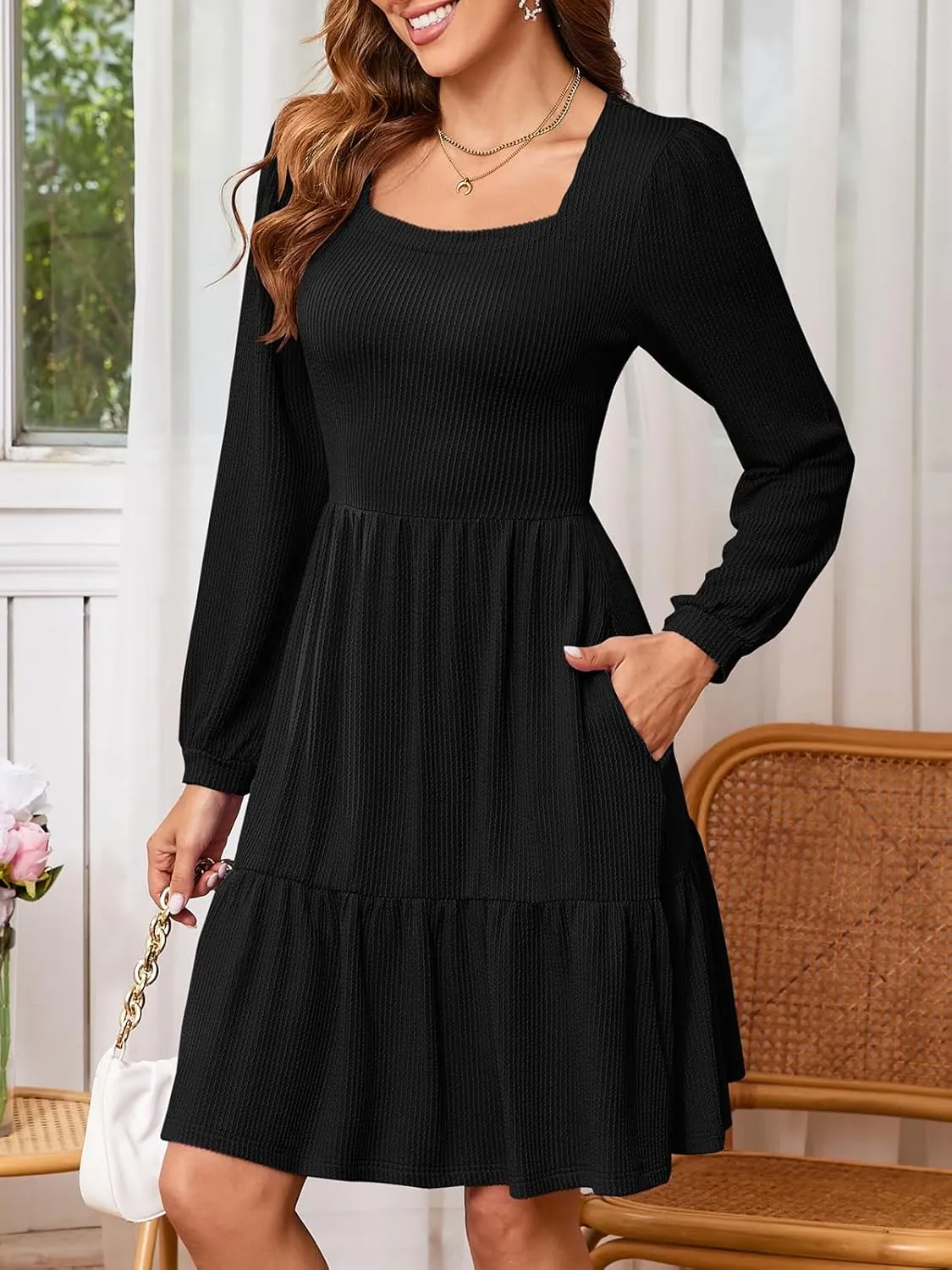 PerZeal Women's Casual Knit Midi Dress Square Neck Long Sleeve Tiered Ruffle A-Line Knee Length Dresses Trendy 2025