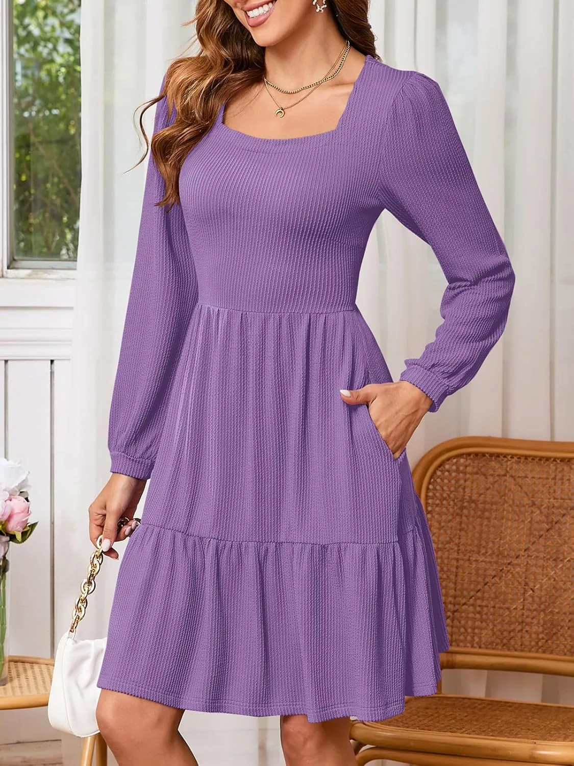 PerZeal Women's Casual Knit Midi Dress Square Neck Long Sleeve Tiered Ruffle A-Line Knee Length Dresses Trendy 2025