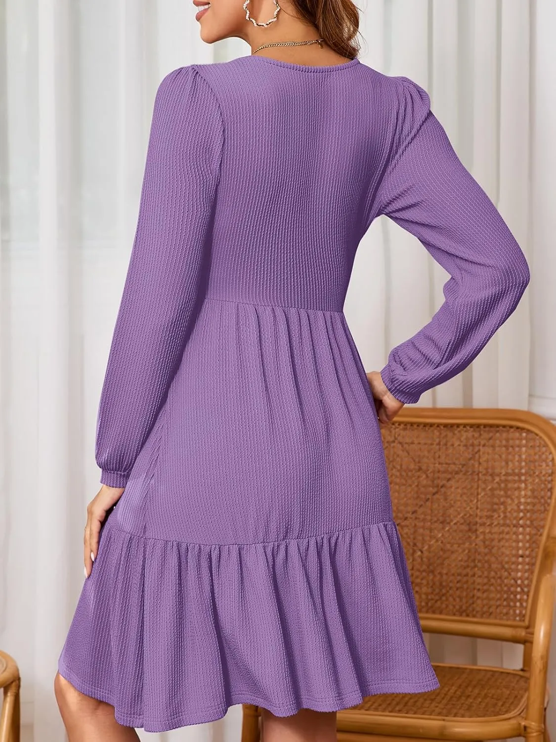 PerZeal Women's Casual Knit Midi Dress Square Neck Long Sleeve Tiered Ruffle A-Line Knee Length Dresses Trendy 2025