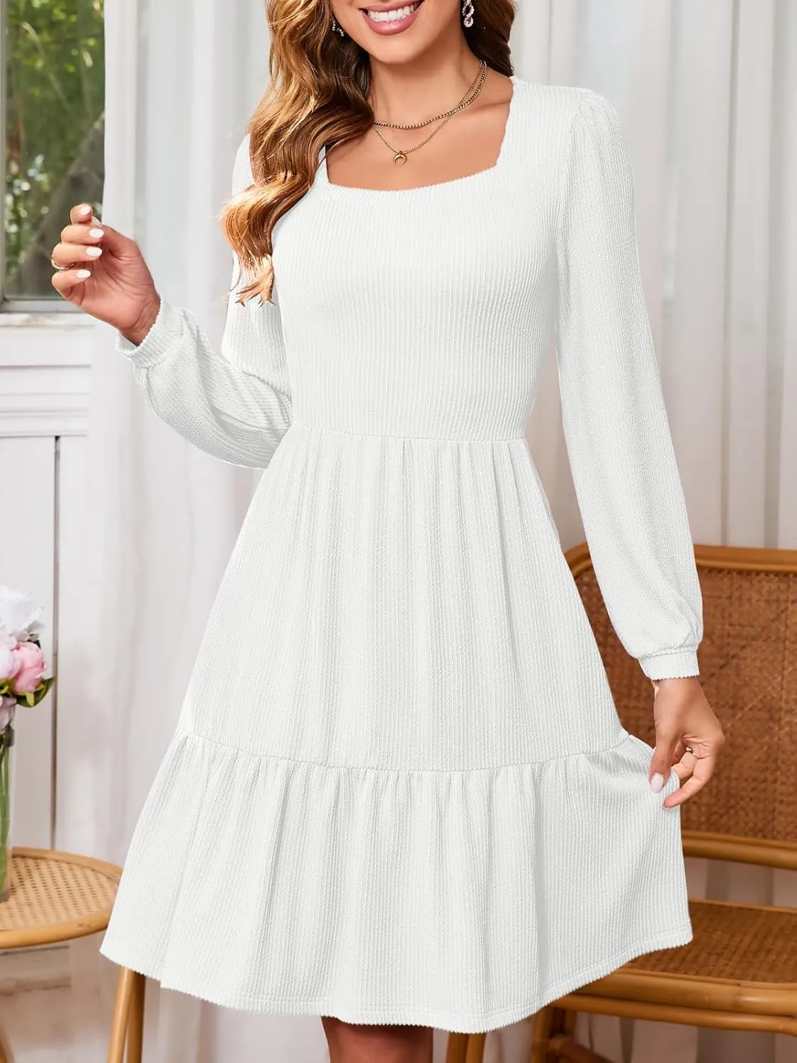 PerZeal Women's Casual Knit Midi Dress Square Neck Long Sleeve Tiered Ruffle A-Line Knee Length Dresses Trendy 2025