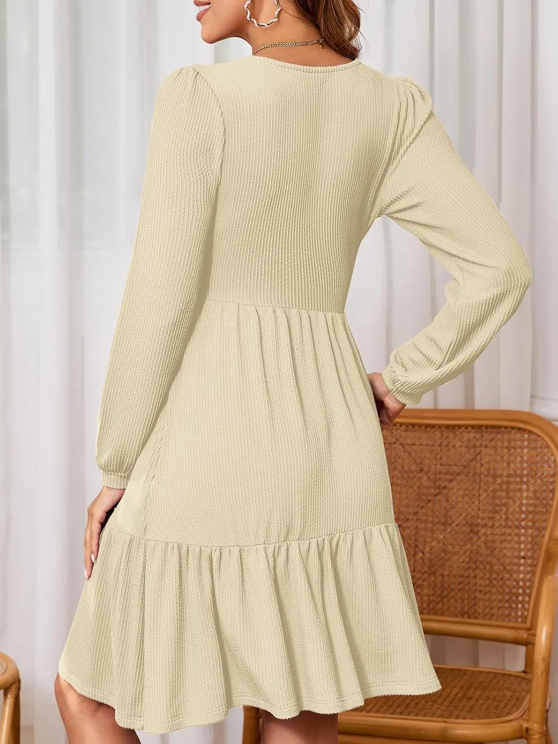 PerZeal Women's Casual Knit Midi Dress Square Neck Long Sleeve Tiered Ruffle A-Line Knee Length Dresses Trendy 2025