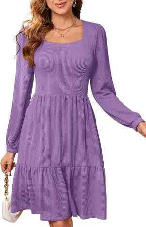PerZeal Women's Casual Knit Midi Dress Square Neck Long Sleeve Tiered Ruffle A-Line Knee Length Dresses Trendy 2025