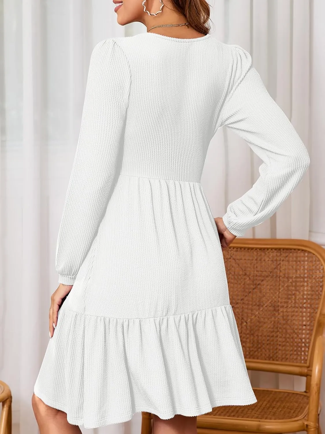 PerZeal Women's Casual Knit Midi Dress Square Neck Long Sleeve Tiered Ruffle A-Line Knee Length Dresses Trendy 2025