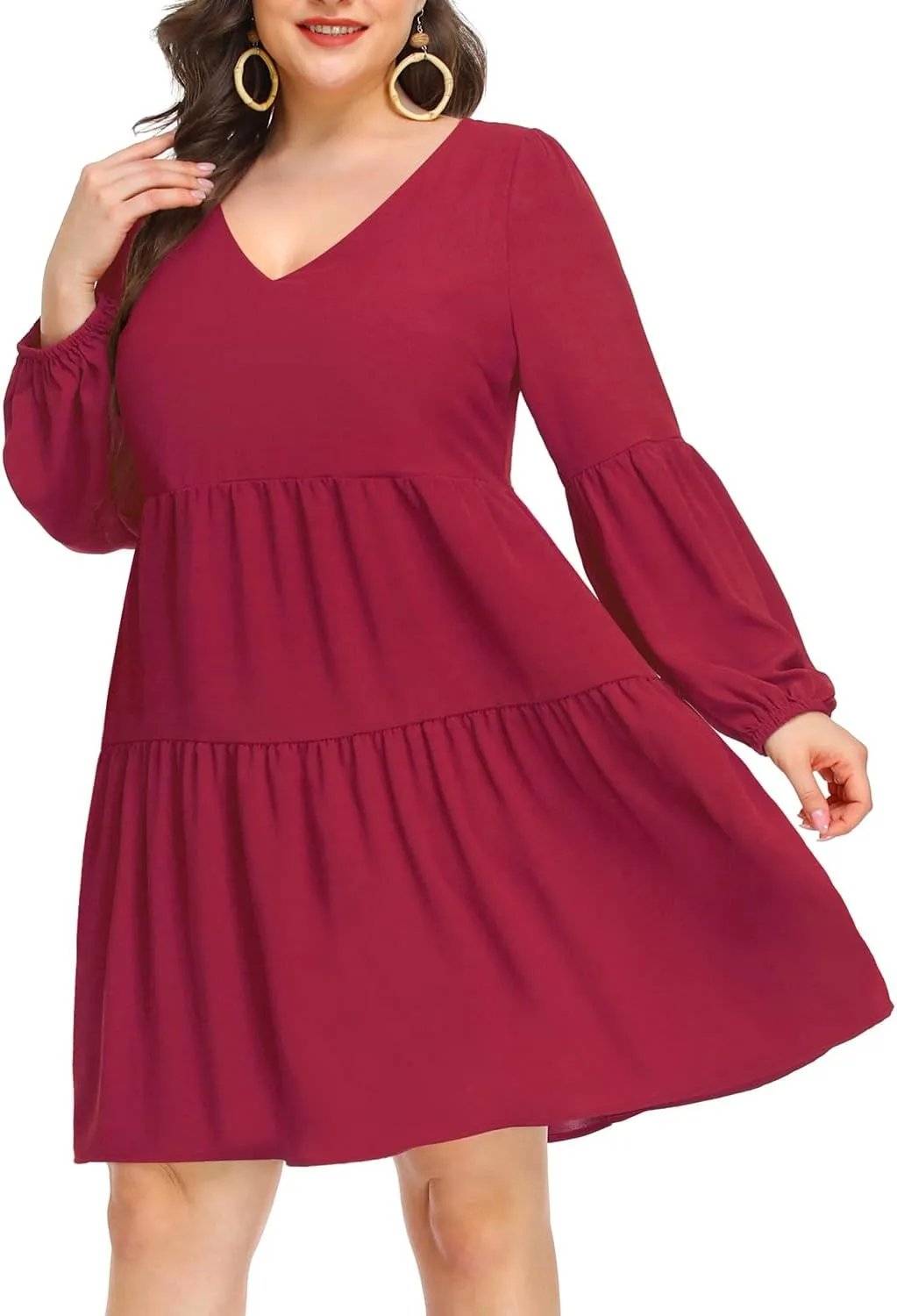 Pinup Fashion Plus Size Long Sleeve Fall Dress - Casual Babydoll Tunic Shift Tiered Flowy Dresses