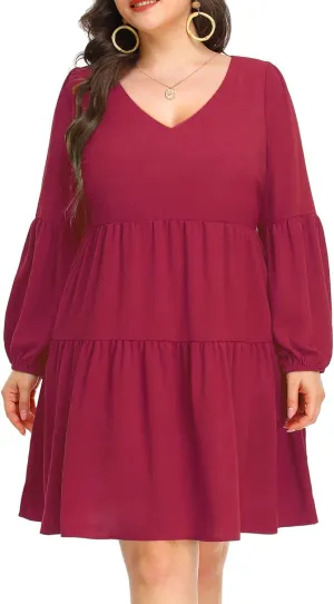 Pinup Fashion Plus Size Long Sleeve Fall Dress - Casual Babydoll Tunic Shift Tiered Flowy Dresses