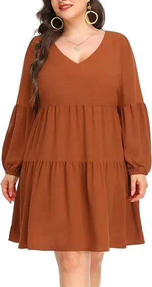 Pinup Fashion Plus Size Long Sleeve Fall Dress - Casual Babydoll Tunic Shift Tiered Flowy Dresses