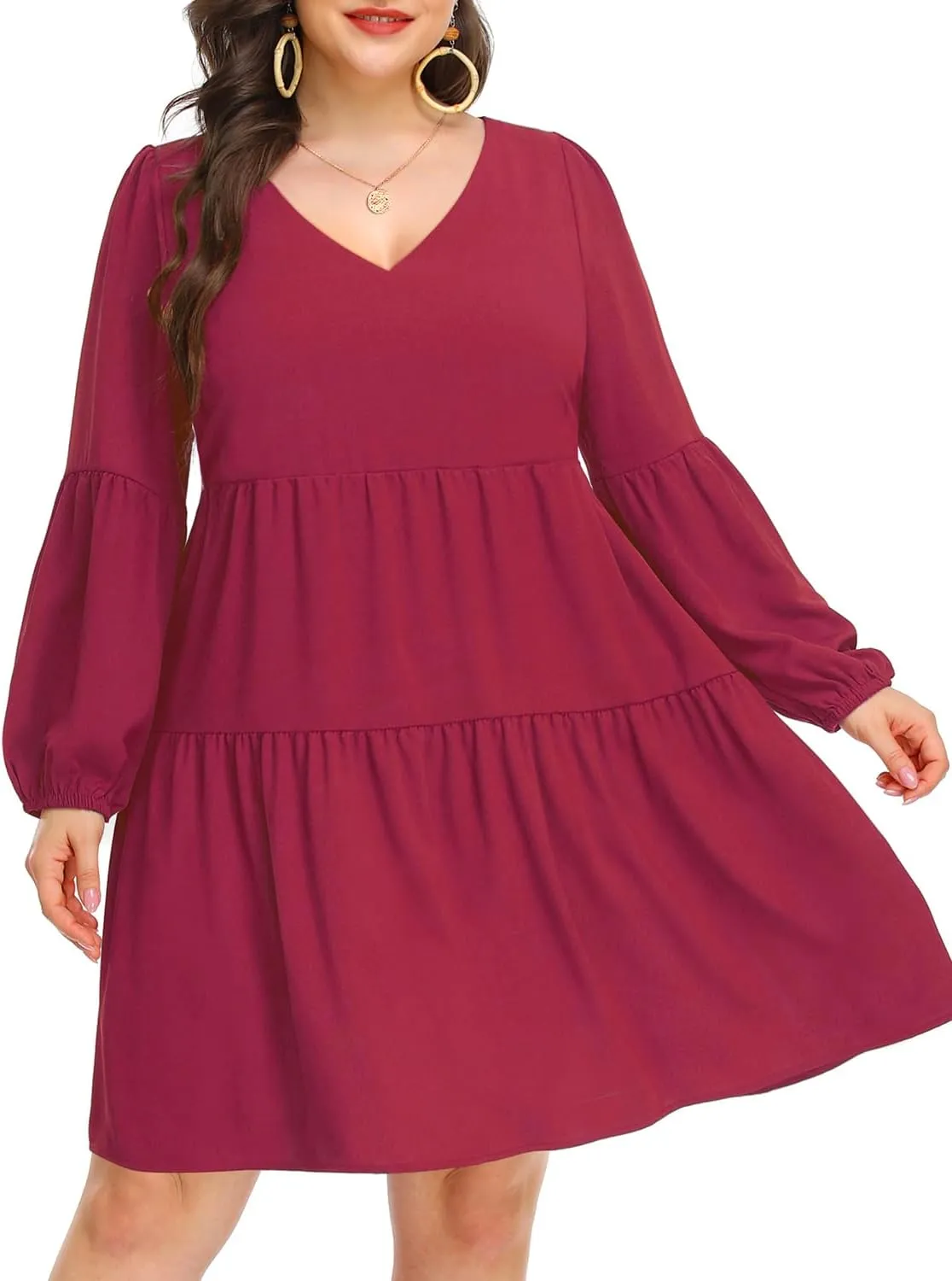 Pinup Fashion Plus Size Long Sleeve Fall Dress - Casual Babydoll Tunic Shift Tiered Flowy Dresses