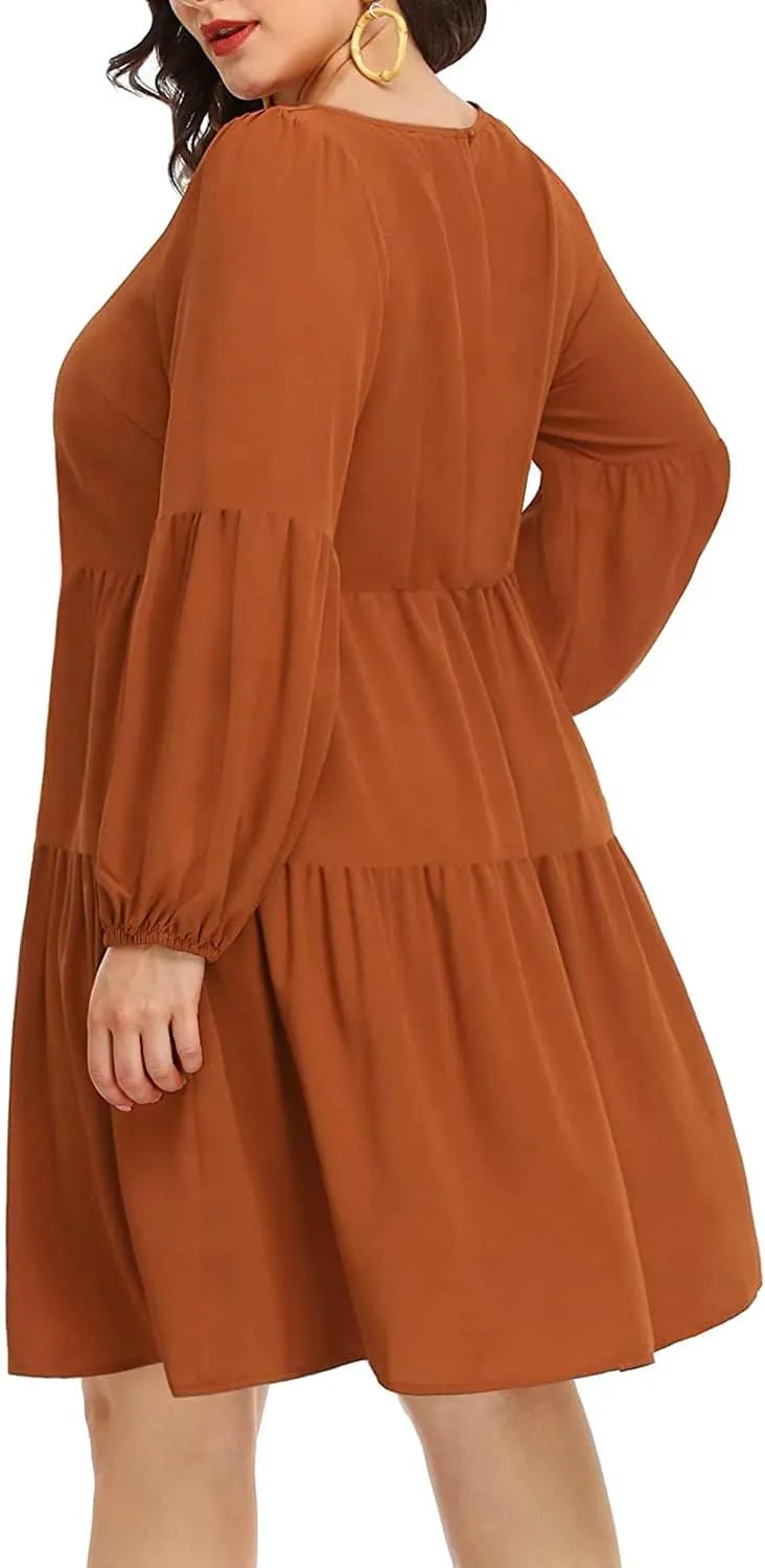Pinup Fashion Plus Size Long Sleeve Fall Dress - Casual Babydoll Tunic Shift Tiered Flowy Dresses