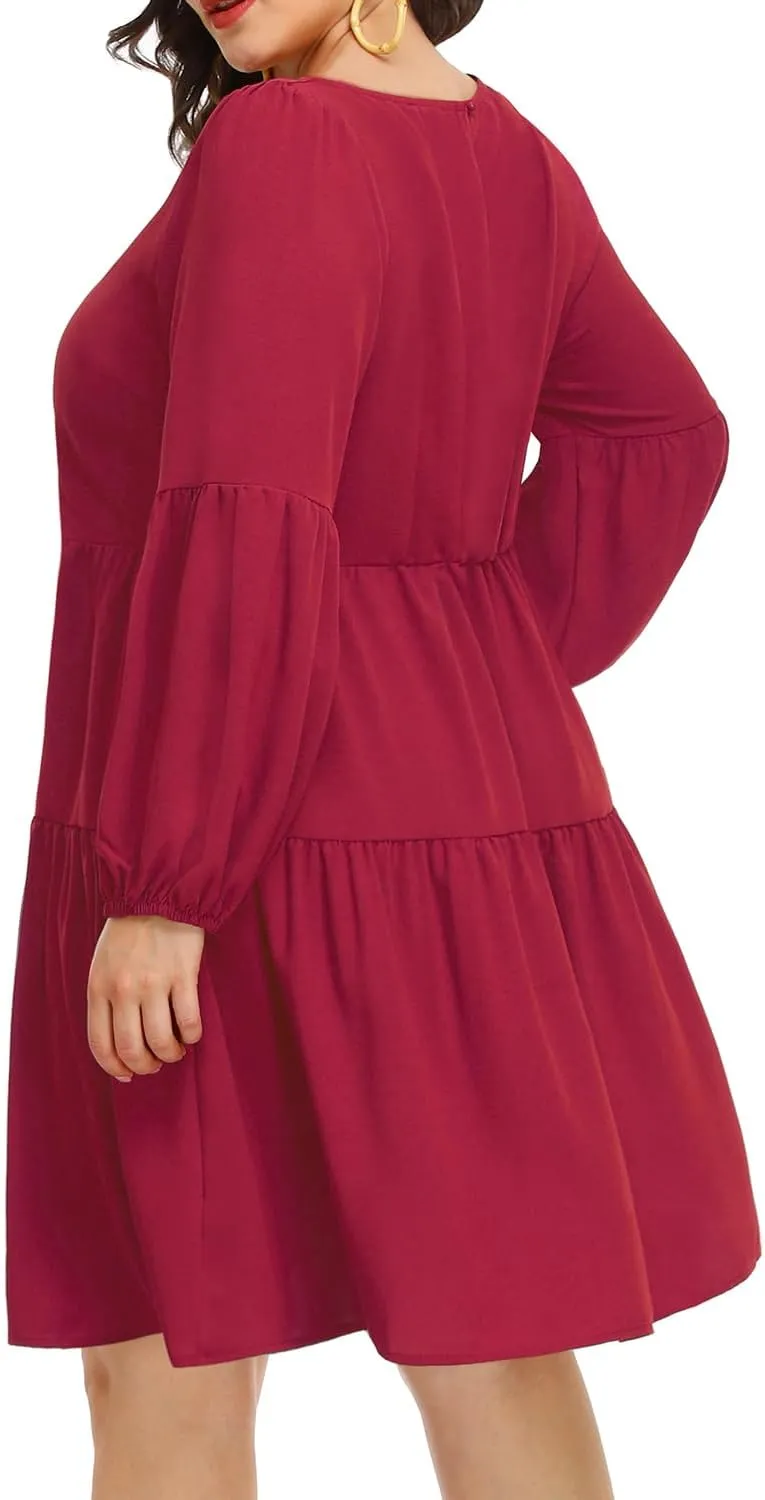 Pinup Fashion Plus Size Long Sleeve Fall Dress - Casual Babydoll Tunic Shift Tiered Flowy Dresses