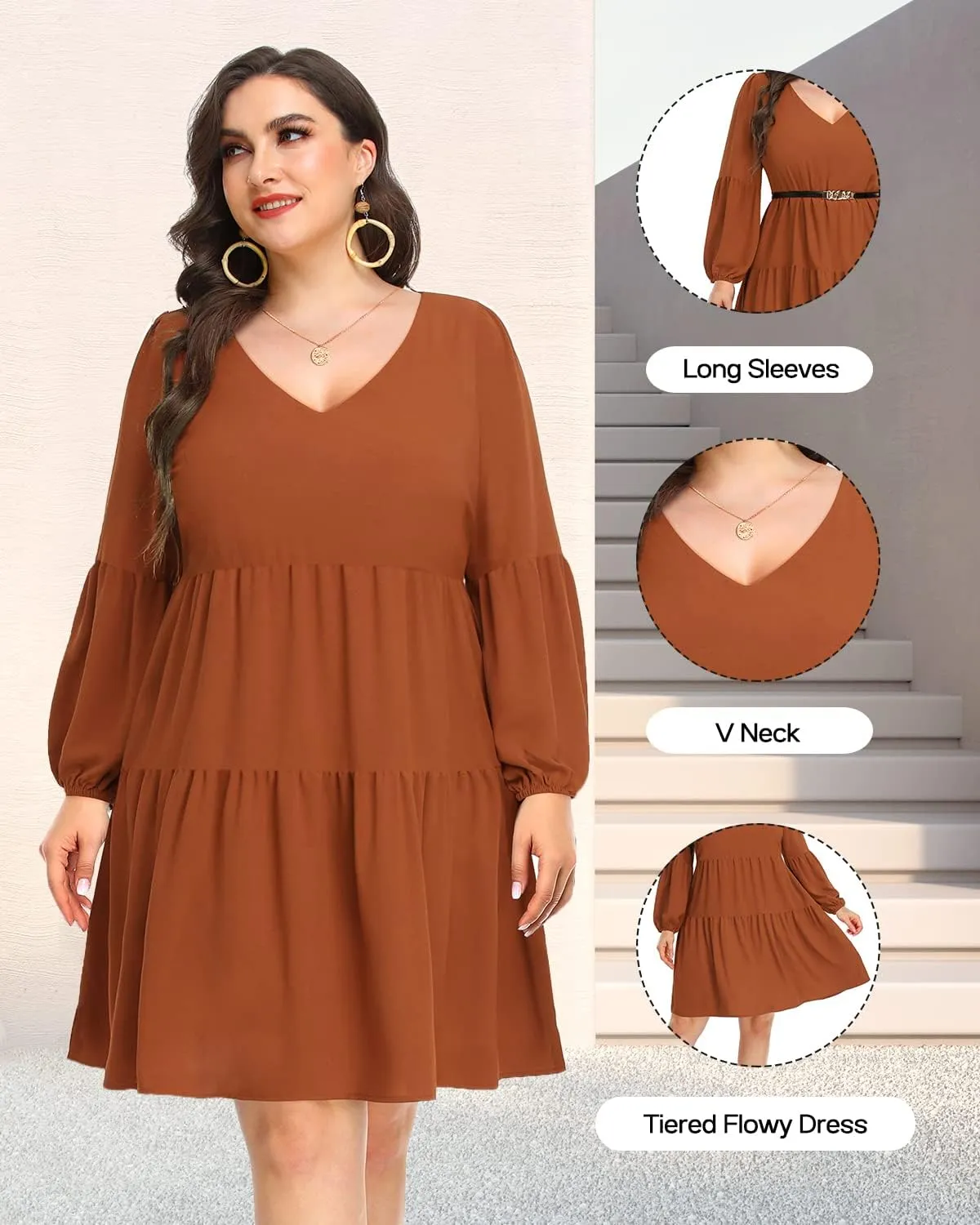 Pinup Fashion Plus Size Long Sleeve Fall Dress - Casual Babydoll Tunic Shift Tiered Flowy Dresses