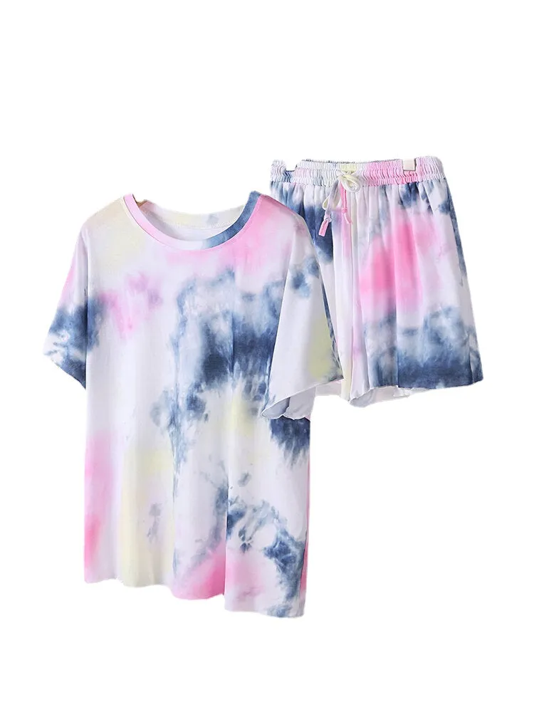 Plus Size Women Tie-Dye Short Sleeve Drawstring Casual Pajama Set