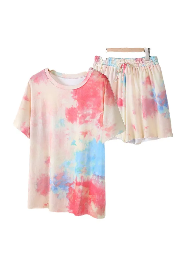 Plus Size Women Tie-Dye Short Sleeve Drawstring Casual Pajama Set