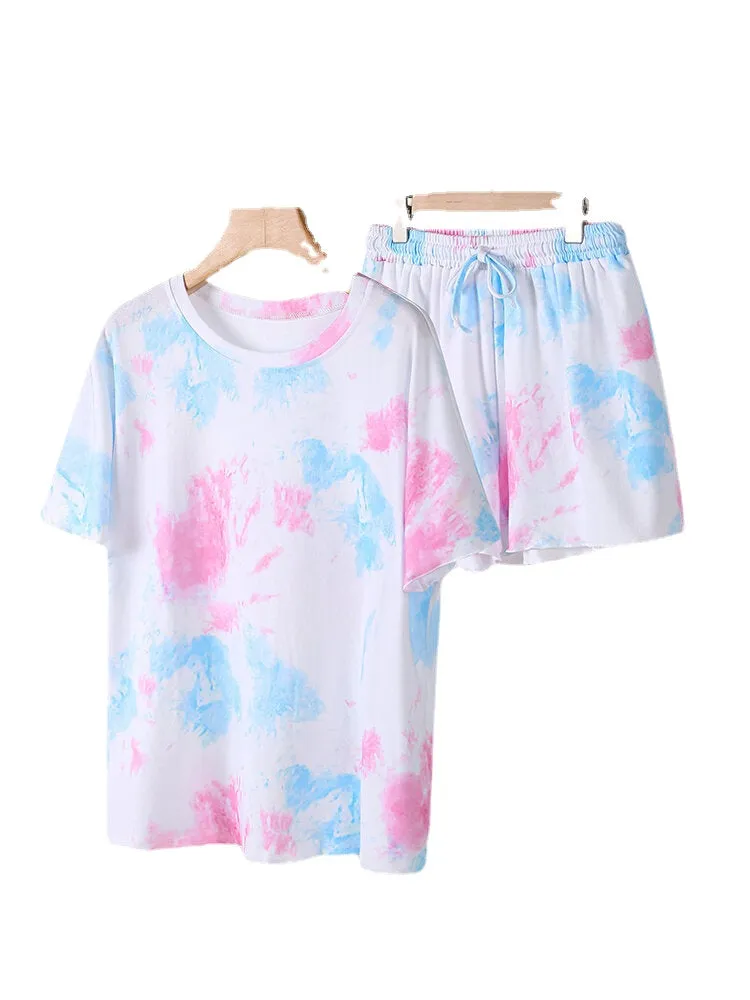 Plus Size Women Tie-Dye Short Sleeve Drawstring Casual Pajama Set