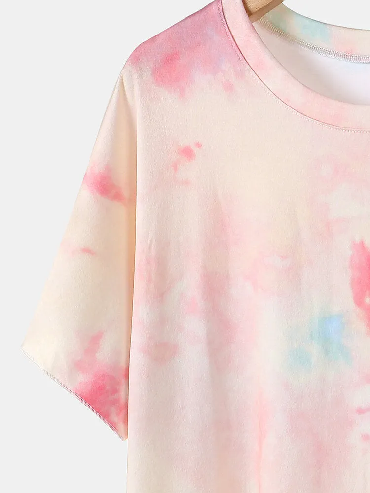 Plus Size Women Tie-Dye Short Sleeve Drawstring Casual Pajama Set