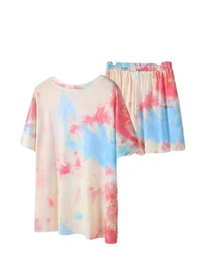 Plus Size Women Tie-Dye Short Sleeve Drawstring Casual Pajama Set