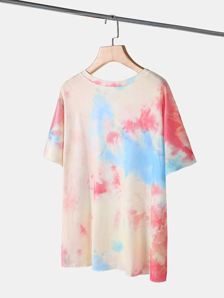 Plus Size Women Tie-Dye Short Sleeve Drawstring Casual Pajama Set