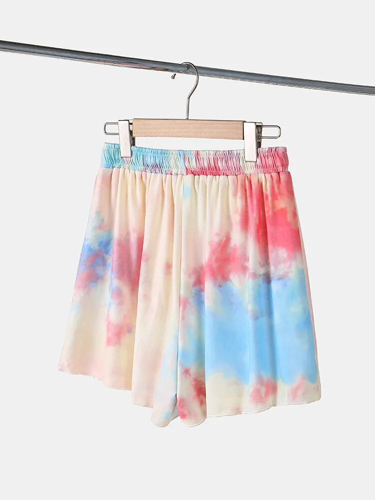 Plus Size Women Tie-Dye Short Sleeve Drawstring Casual Pajama Set