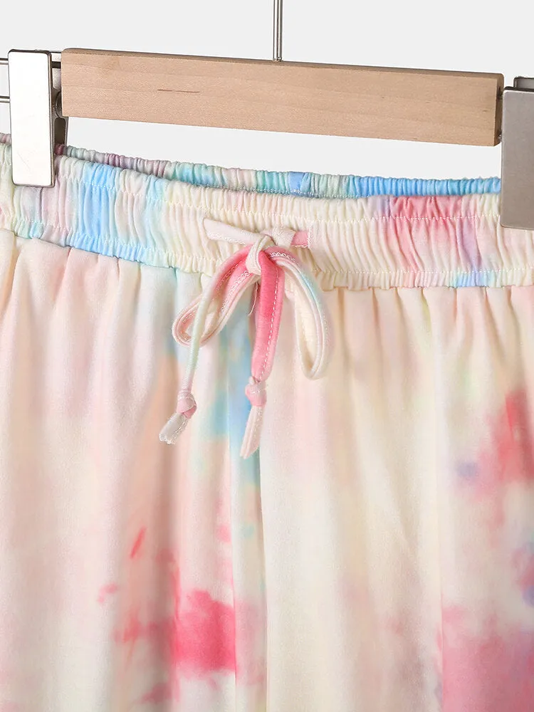 Plus Size Women Tie-Dye Short Sleeve Drawstring Casual Pajama Set