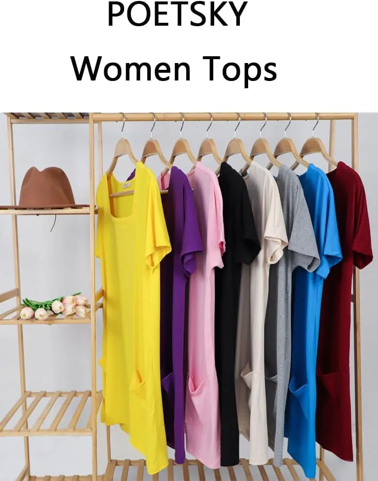 Poetsky 2025 Summer Tunic or Tops for Women to Wear with Leggings Square Neck Casual Long T Shirts with Pockets S-3XL