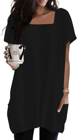 Poetsky 2025 Summer Tunic or Tops for Women to Wear with Leggings Square Neck Casual Long T Shirts with Pockets S-3XL
