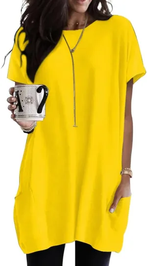 Poetsky Summer Womens Tunic Tops for Leggings with Pockets Short Sleeve Casual Long T Shirts