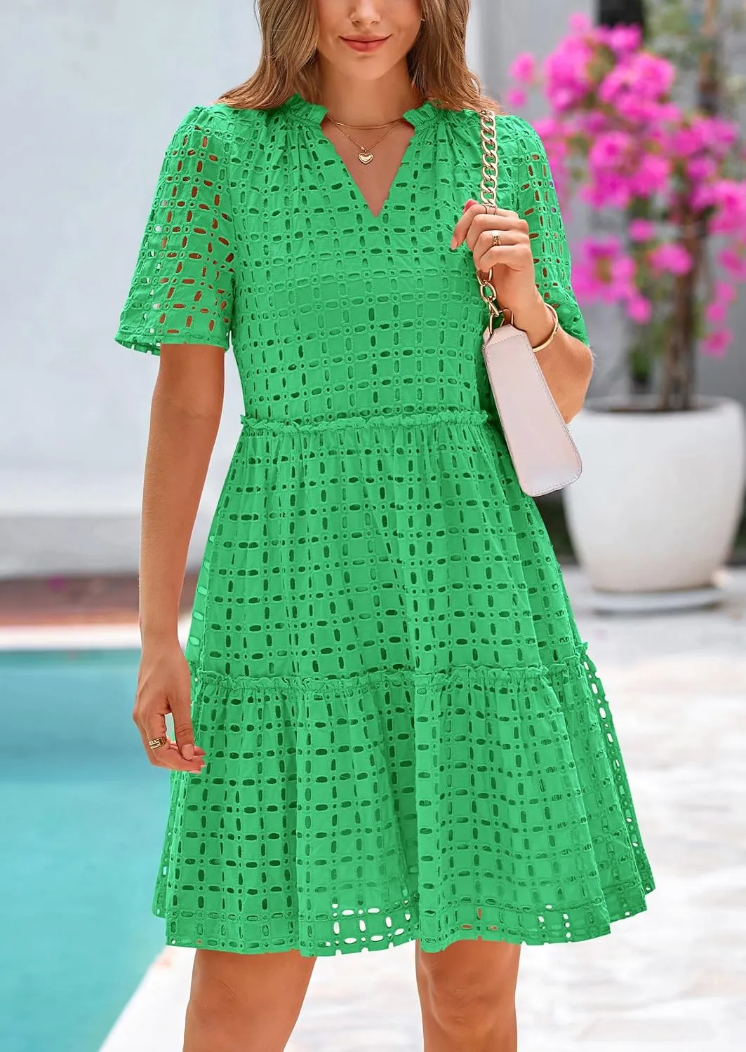 PRETTYGARDEN Summer Dresses for Women 2025 V Neck Hollow Out Eyelet Ruffle A Line Swing Short Beach Vacation Dress