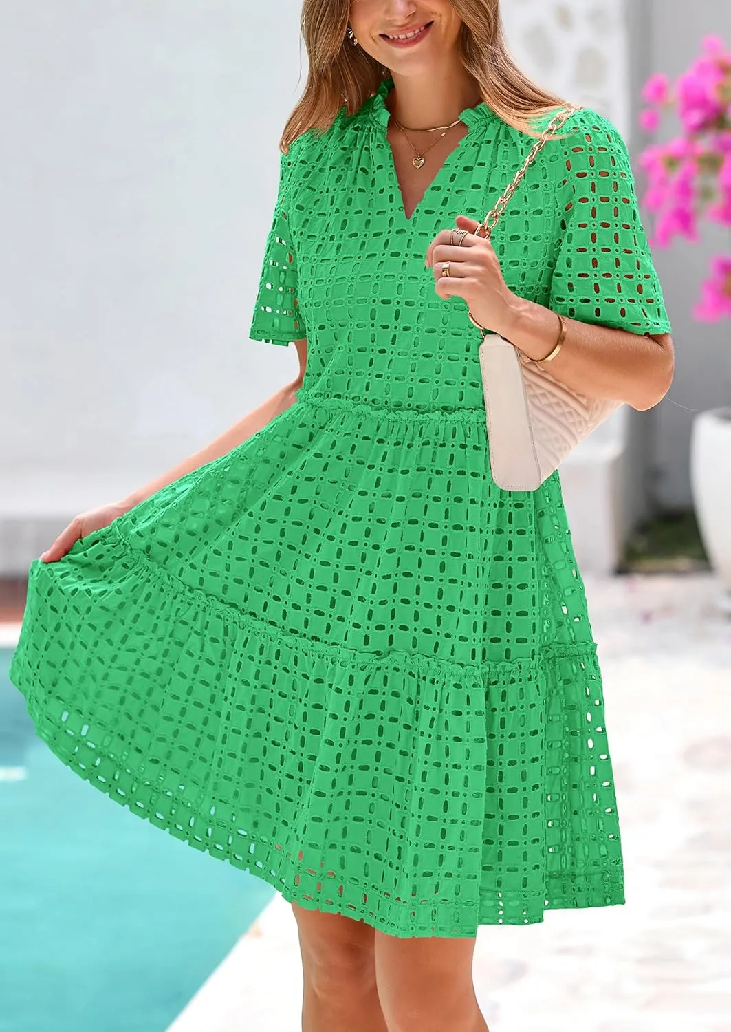 PRETTYGARDEN Summer Dresses for Women 2025 V Neck Hollow Out Eyelet Ruffle A Line Swing Short Beach Vacation Dress