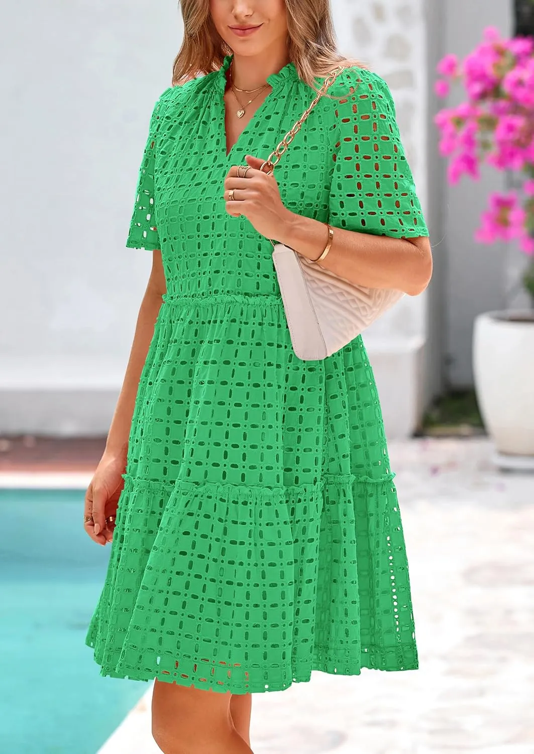 PRETTYGARDEN Summer Dresses for Women 2025 V Neck Hollow Out Eyelet Ruffle A Line Swing Short Beach Vacation Dress