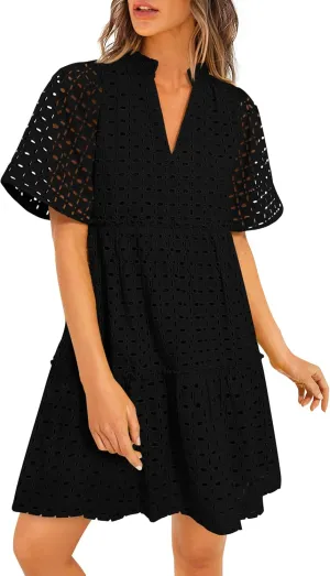 PRETTYGARDEN Summer Dresses for Women 2025 V Neck Hollow Out Eyelet Ruffle A Line Swing Short Beach Vacation Dress