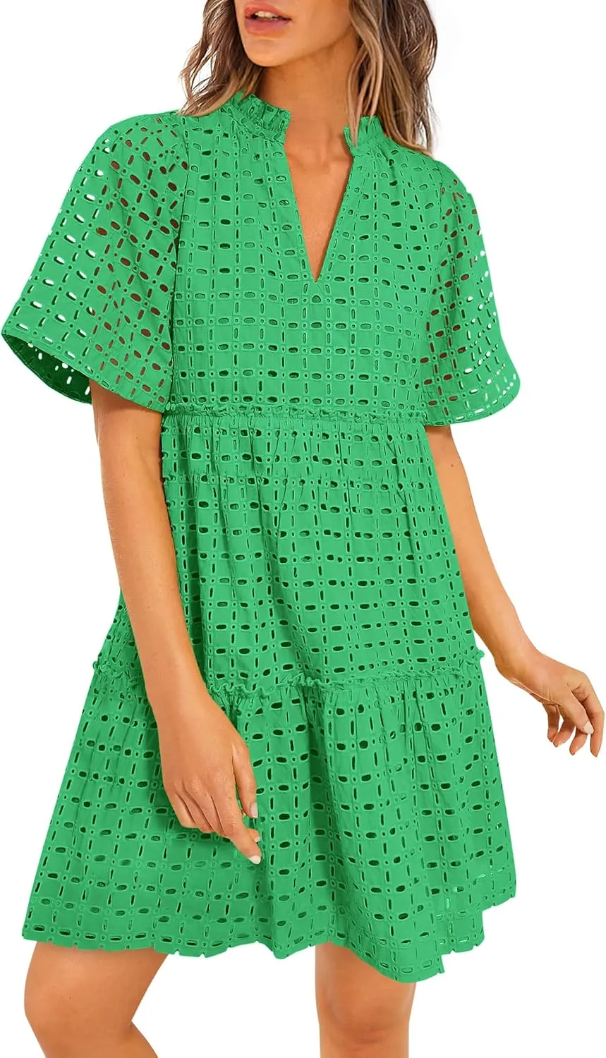 PRETTYGARDEN Summer Dresses for Women 2025 V Neck Hollow Out Eyelet Ruffle A Line Swing Short Beach Vacation Dress
