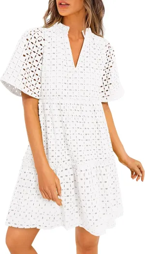 PRETTYGARDEN Summer Dresses for Women 2025 V Neck Hollow Out Eyelet Ruffle A Line Swing Short Beach Vacation Dress