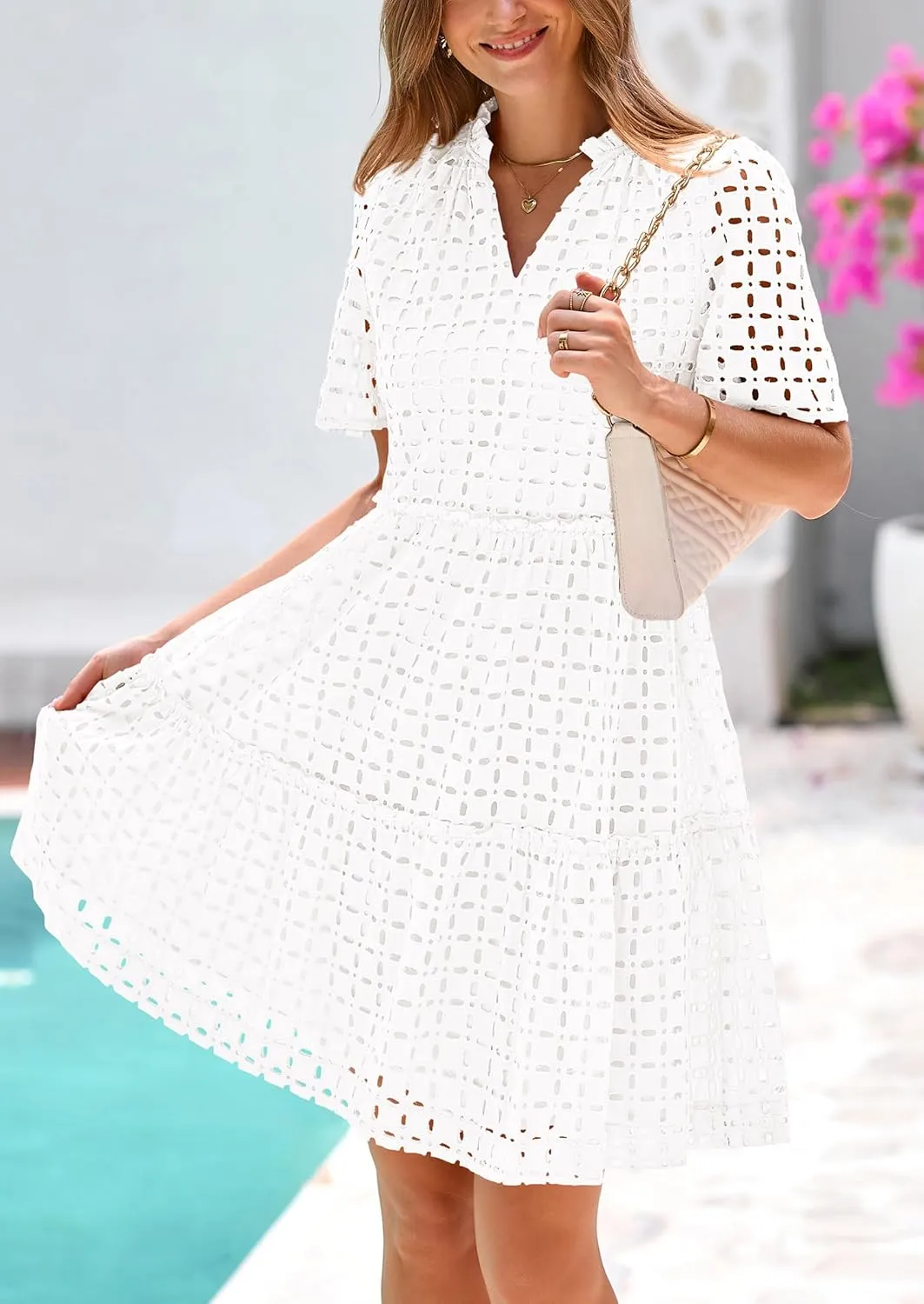 PRETTYGARDEN Summer Dresses for Women 2025 V Neck Hollow Out Eyelet Ruffle A Line Swing Short Beach Vacation Dress